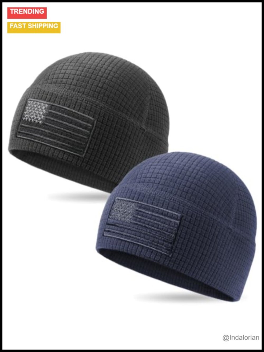 Grid Fleece Beanie Waffle Skull Cap American Flag Embroidery 2 Pack
